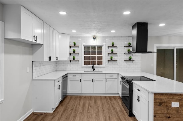 kitchen featuring sink, stainless steel dishwasher, electric stove, island exhaust hood, and white cabinets