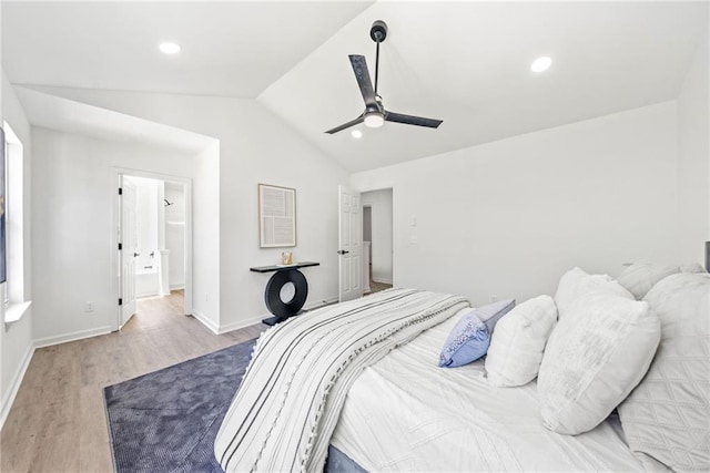 bedroom with baseboards, light wood-type flooring, lofted ceiling, recessed lighting, and a ceiling fan