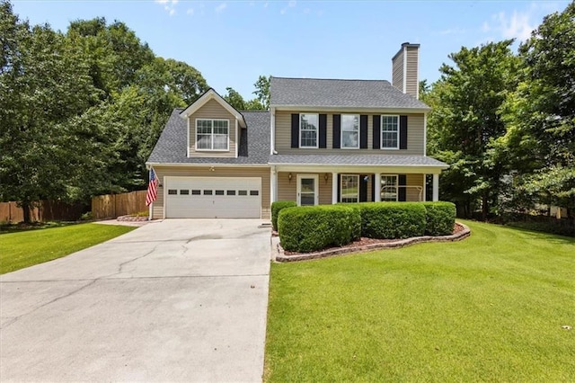 305 Hickory Pointe Ct, Villa Rica, GA 30180 - colonial-style house featuring concrete driveway, a chimney, a shingled roof, and a garage