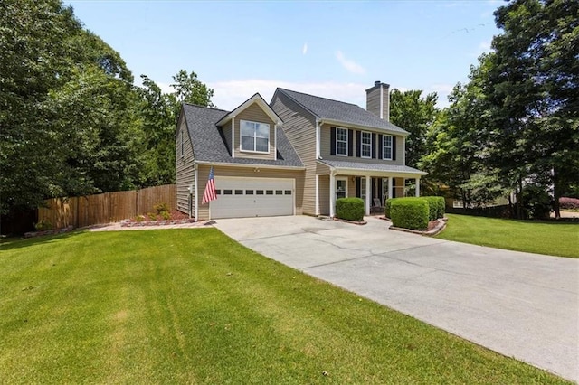 305 Hickory Pointe Ct, Villa Rica, GA 30180 - colonial home featuring concrete driveway, a chimney, and a porch