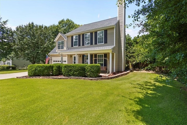 305 Hickory Pointe Ct, Villa Rica, GA 30180 - view of front facade featuring a chimney, a front lawn, and driveway