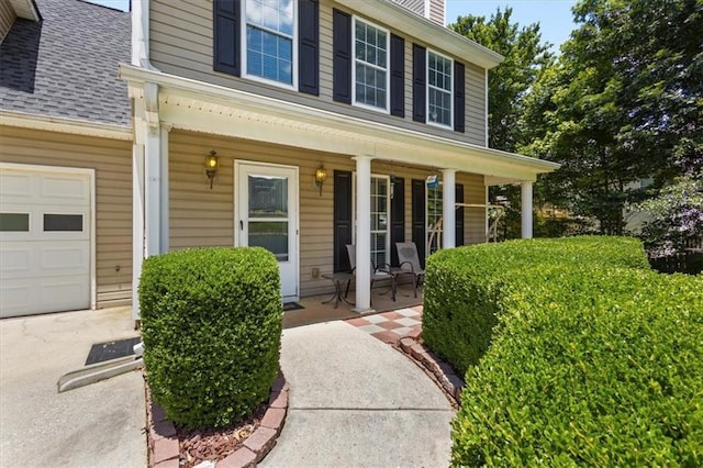 305 Hickory Pointe Ct, Villa Rica, GA 30180 - entrance to property featuring covered porch, roof with shingles, a chimney, and an attached garage