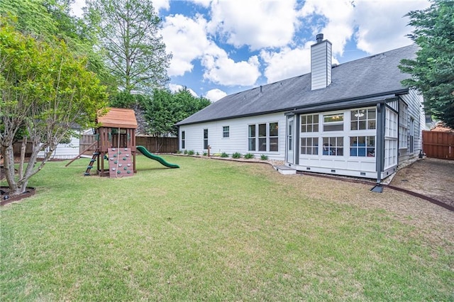220 Chandler Ct, Sugar Hill, GA 30518 - back of house featuring a fenced backyard, a chimney, a playground, and crawl space