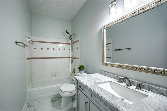 220 Chandler Ct, Sugar Hill, GA 30518 - bathroom with vanity, bathing tub / shower combination, marble finish flooring, and a textured ceiling