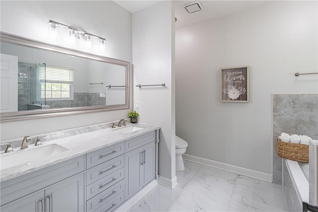 220 Chandler Ct, Sugar Hill, GA 30518 - full bathroom with double vanity, marble finish floors, a shower, and a bath