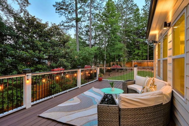 735 River Ridge Lane, Suwanee, GA 30024 - wooden deck featuring outdoor lounge area and view of wooded area