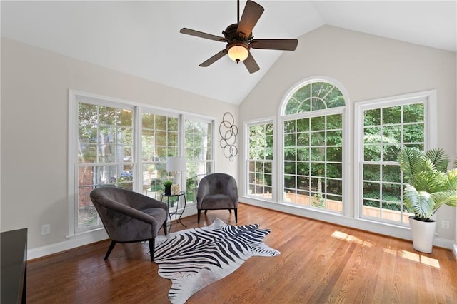 735 River Ridge Lane, Suwanee, GA 30024 - living area featuring a ceiling fan, wood finished floors, high vaulted ceiling, and baseboards