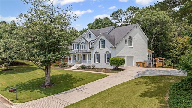 735 River Ridge Lane, Suwanee, GA 30024 - view of front facade featuring an attached garage, covered porch, concrete driveway, and a front lawn