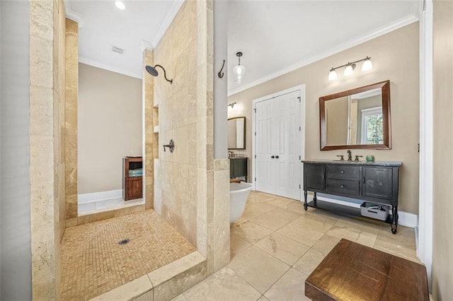 bathroom with a tile shower, vanity, and ornamental molding