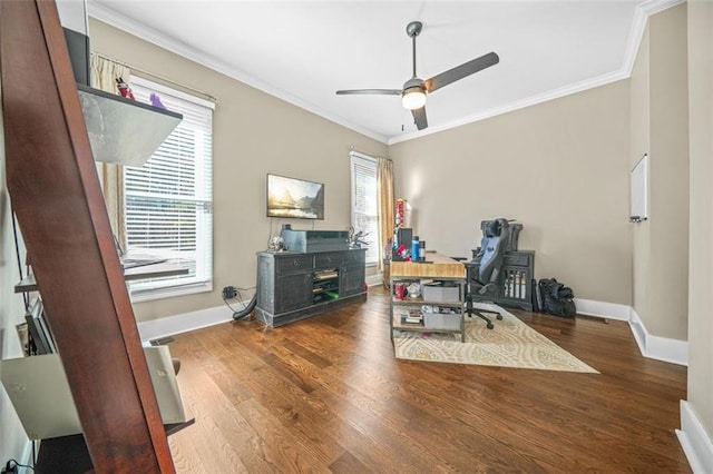 office with crown molding, hardwood / wood-style floors, and ceiling fan