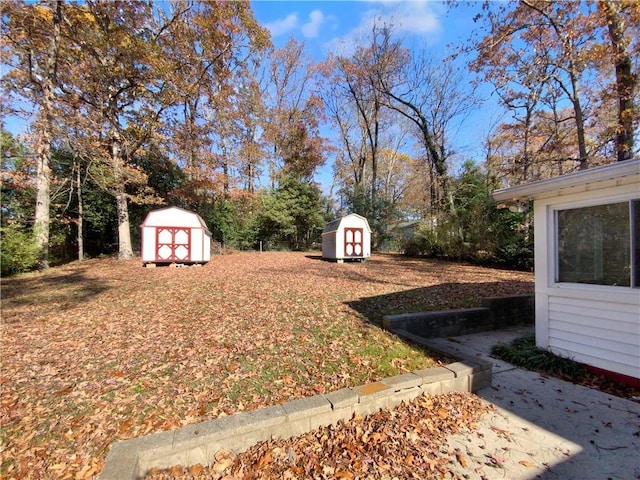 view of yard featuring a storage shed