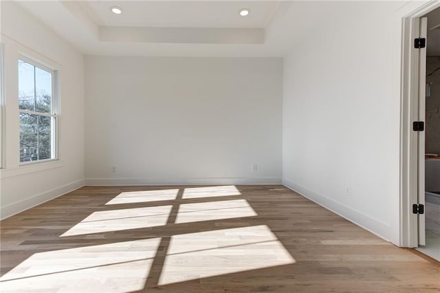 unfurnished room with a raised ceiling and light wood-type flooring