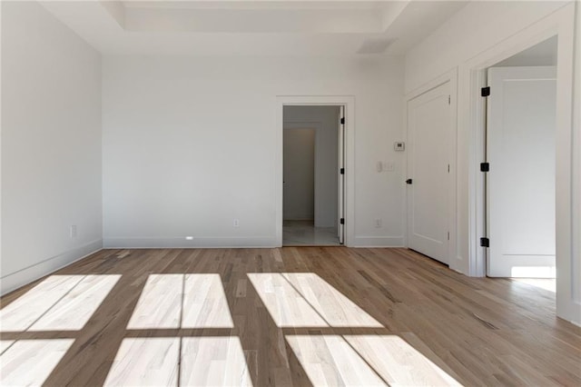 empty room featuring a raised ceiling and light wood-type flooring