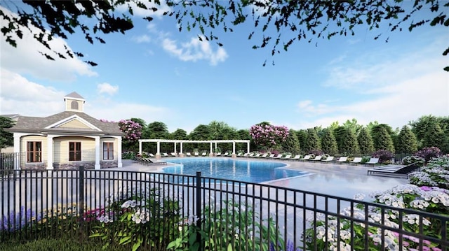 pool with a patio area, fence, and a pergola