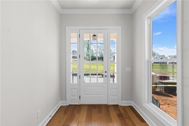 doorway to outside featuring baseboards, dark wood-type flooring, and crown molding