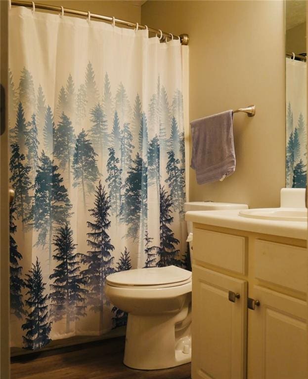 2350 Laurel Pointe Ln, Lawrenceville, GA 30043 - full bath featuring vanity, wood finished floors, toilet, and a shower with curtain