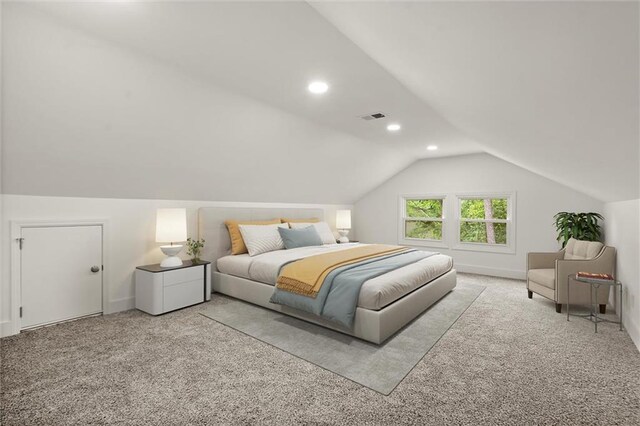 carpeted bedroom with recessed lighting, baseboards, visible vents, and vaulted ceiling