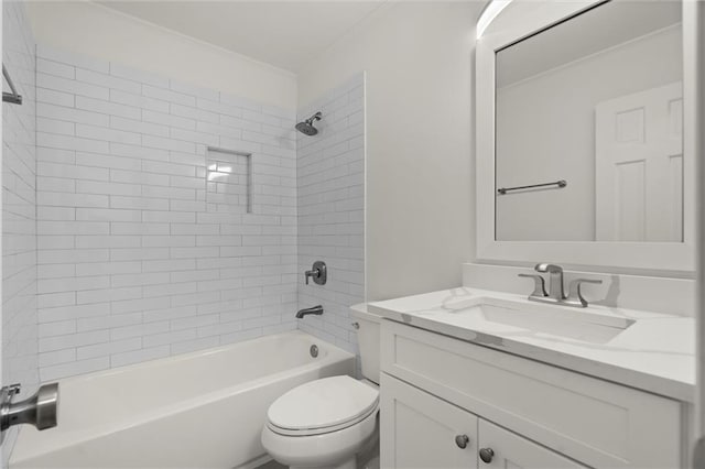 bathroom with shower / bath combination, crown molding, toilet, and vanity