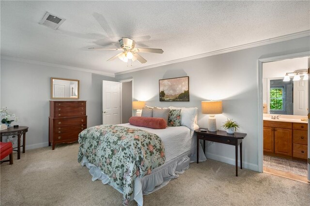 2349 Northlake Ct NE, Atlanta, GA 30345 - bedroom featuring ornamental molding, light colored carpet, ensuite bathroom, baseboards, and ceiling fan