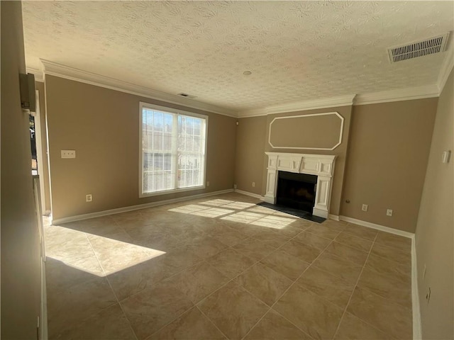 unfurnished living room featuring tile patterned floors, ornamental molding, and a textured ceiling