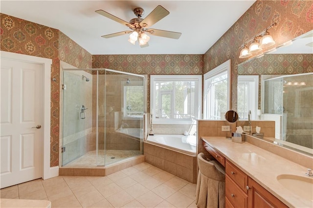 1126 Shoreline Dr, Jefferson, GA 30549 - full bath with wallpapered walls, a garden tub, vanity, tile patterned flooring, and a stall shower