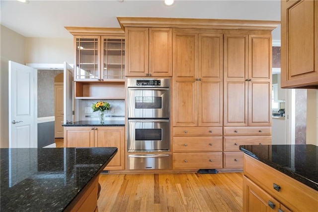 1126 Shoreline Dr, Jefferson, GA 30549 - kitchen featuring stainless steel double oven, a warming drawer, light wood finished floors, dark stone countertops, and recessed lighting