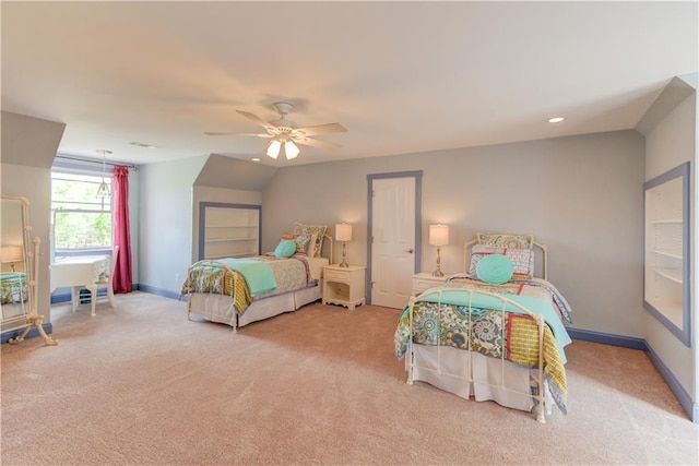 carpeted bedroom with recessed lighting, baseboards, and ceiling fan