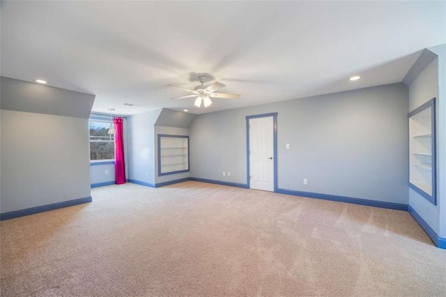 spare room with recessed lighting, baseboards, a ceiling fan, and carpet flooring