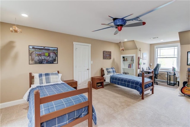 bedroom with baseboards, recessed lighting, carpet floors, visible vents, and ceiling fan