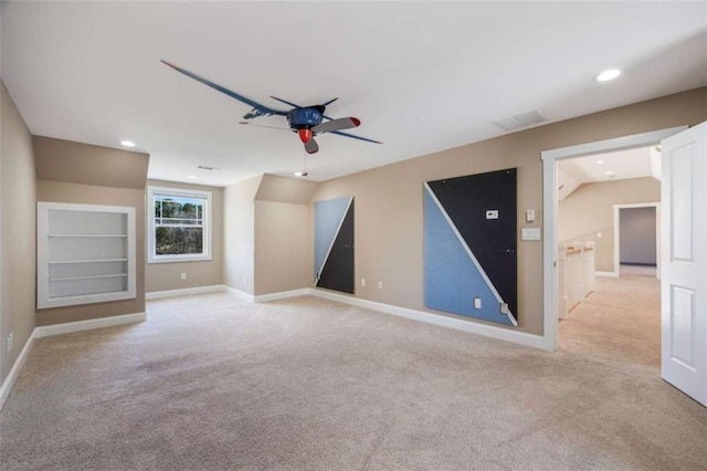 spare room featuring recessed lighting, baseboards, carpet, and a ceiling fan