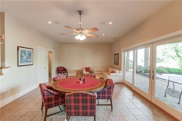 dining area with ceiling fan, light tile patterned floors, recessed lighting, french doors, and baseboards