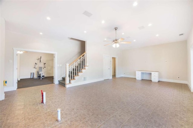 unfurnished living room with stairway, recessed lighting, baseboards, and ceiling fan