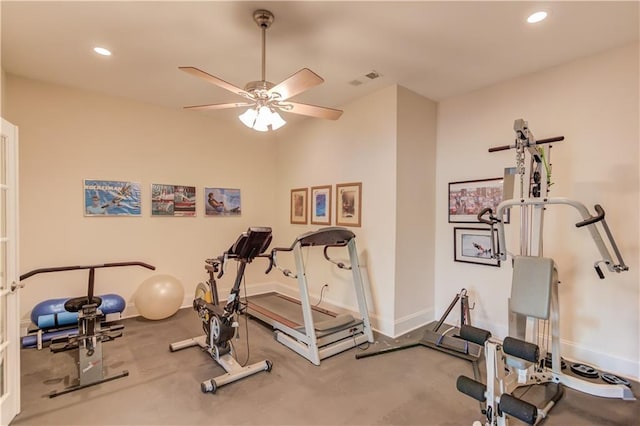 exercise area with recessed lighting, baseboards, and ceiling fan