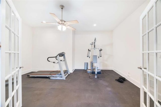 workout area with a ceiling fan, recessed lighting, french doors, and baseboards