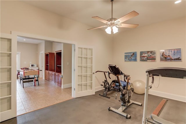 1126 Shoreline Dr, Jefferson, GA 30549 - exercise area featuring french doors, a ceiling fan, baseboards, and recessed lighting