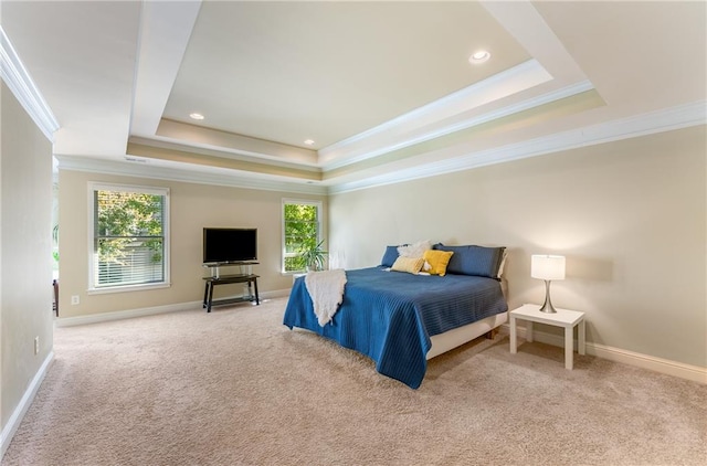 bedroom featuring crown molding, carpet floors, and a raised ceiling