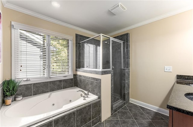 bathroom with vanity, ornamental molding, shower with separate bathtub, and tile patterned flooring