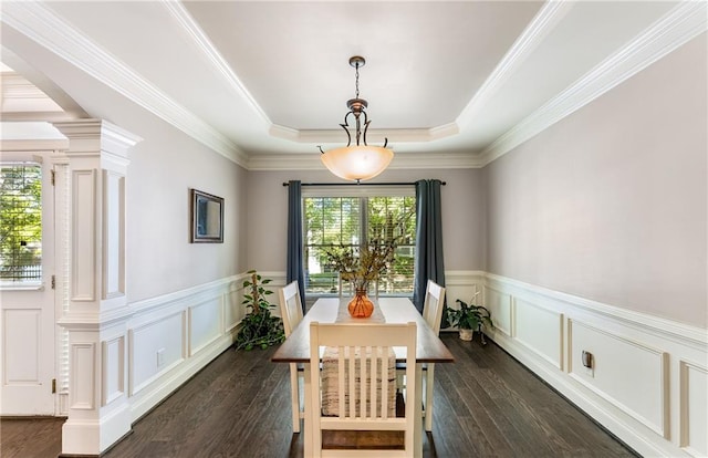 unfurnished dining area featuring ornamental molding, decorative columns, dark hardwood / wood-style floors, and a raised ceiling