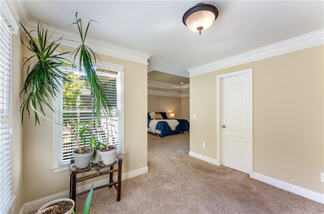 corridor with light carpet and ornamental molding