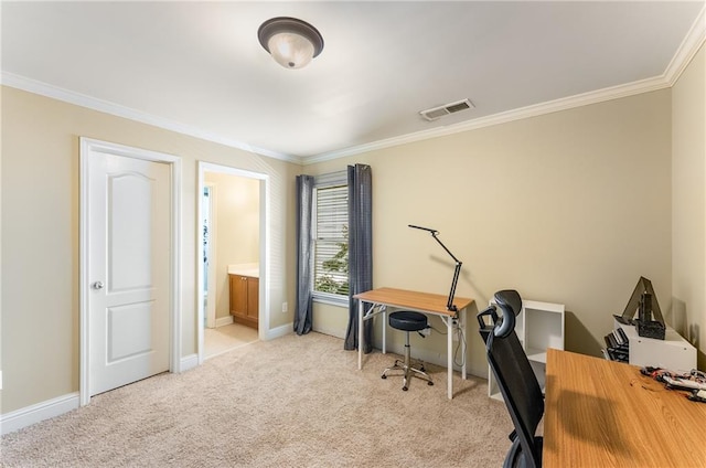 carpeted office with crown molding