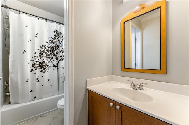 full bathroom featuring toilet, vanity, shower / bathtub combination with curtain, and tile patterned flooring