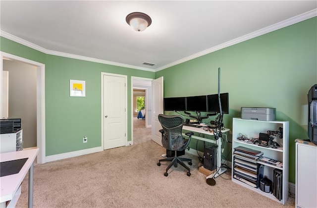 carpeted office space with crown molding