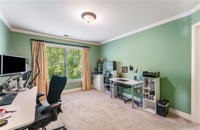 carpeted office with ornamental molding