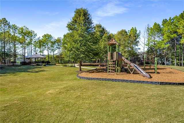 view of playground featuring a gazebo and a lawn