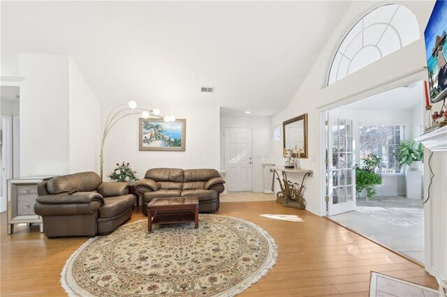 living room featuring light hardwood / wood-style floors and lofted ceiling