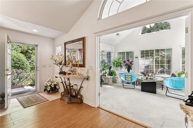 entryway featuring wood-type flooring and high vaulted ceiling