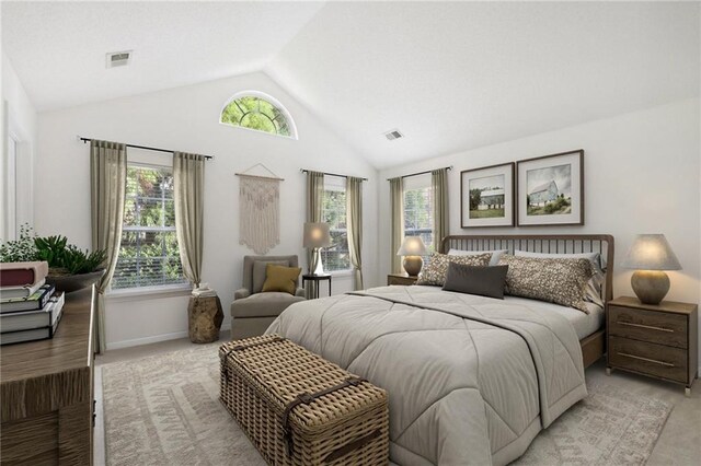 bedroom with high vaulted ceiling