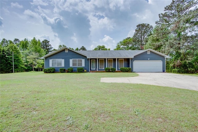 ranch-style home with an attached garage, concrete driveway, a porch, and a front yard