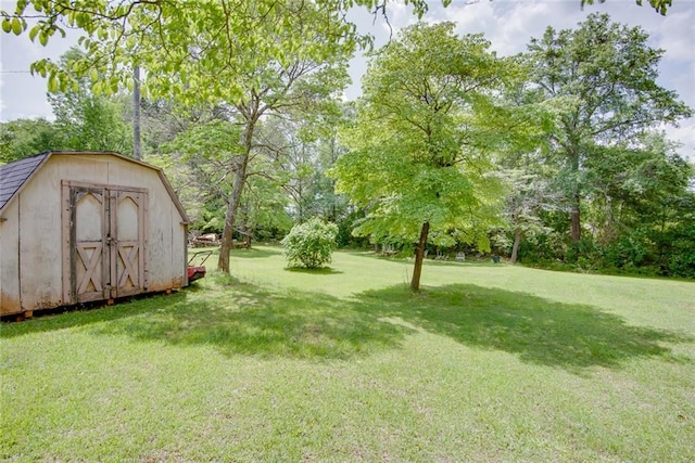 view of yard featuring an outbuilding and a storage unit