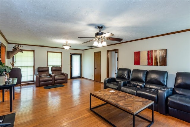 living room with ornamental molding, a ceiling fan, light wood finished floors, and a textured ceiling
